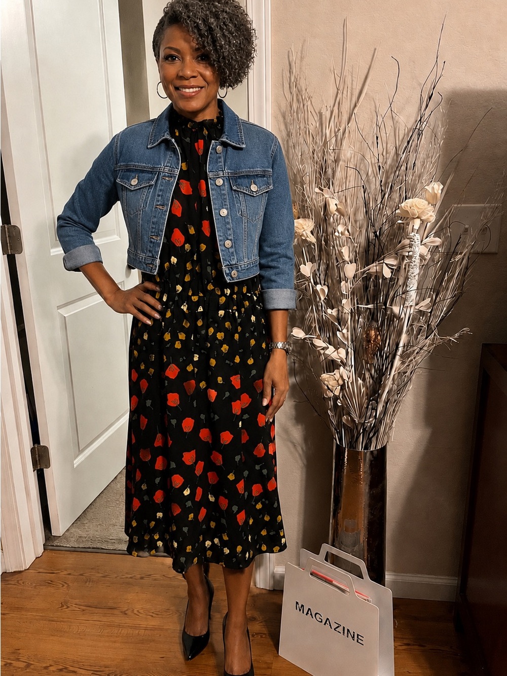Banana Republic Black Midi Dress with Red and Yellow Floral Print
